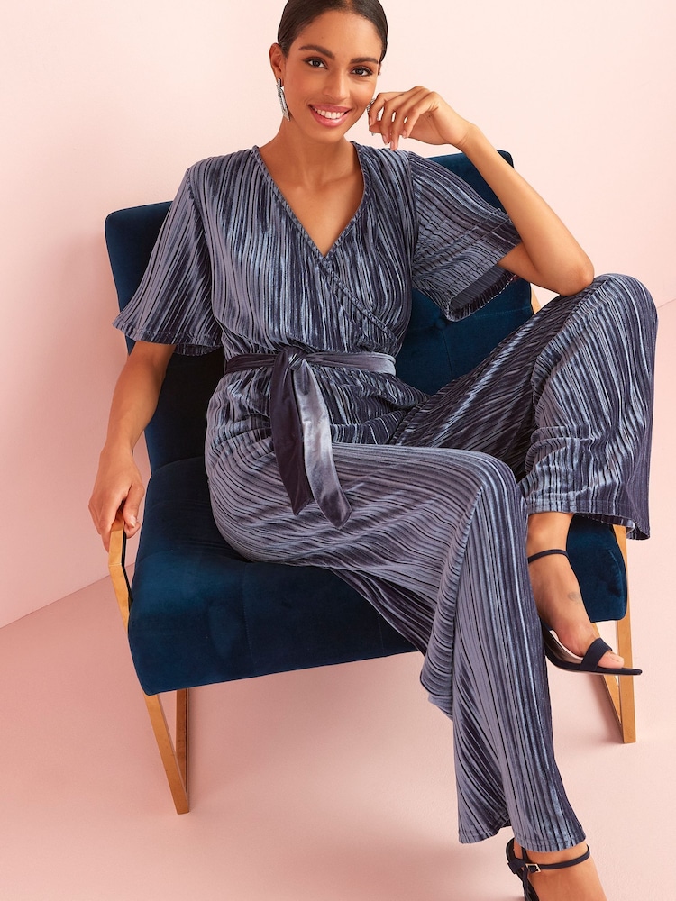 Grey Velvet Plissé Wrap Jumpsuit - Image 2 of 5 Grey Velvet Plissé Wrap Jumpsuit - Image 2 of 5
