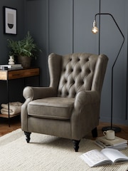 Monza Faux Leather Peppercorn Brown Sherlock Button Armchair - Image 1 of 7