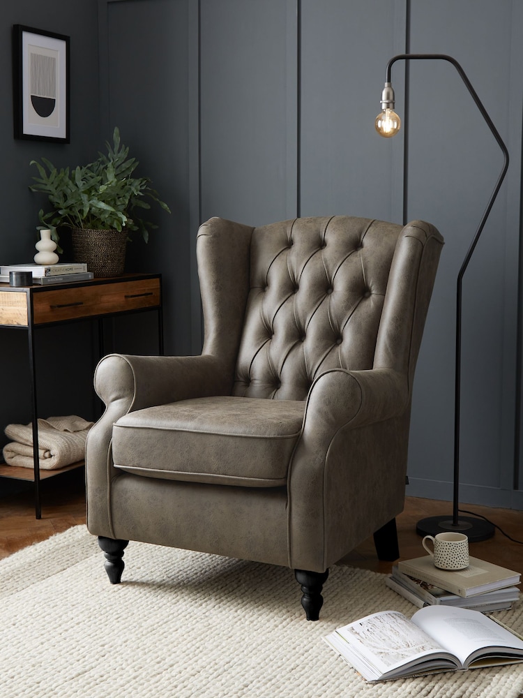 Monza Faux Leather Peppercorn Brown Sherlock Button Armchair - Image 1 of 7