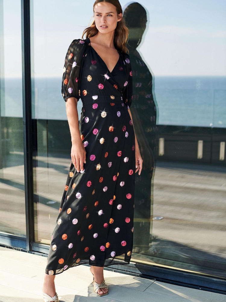 Multi Sequin Spot Wrap Midi Party Dress - Image 1 of 2