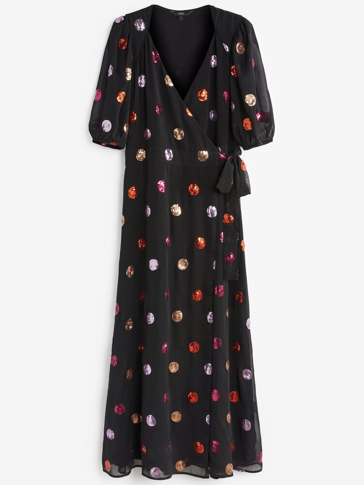 Multi Sequin Spot Wrap Midi Party Dress - Image 2 of 2