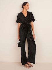 Black Velvet Plissé Wrap Jumpsuit - Image 2 of 5