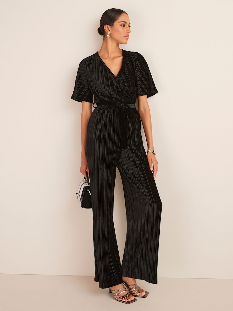 Black Velvet Plissé Wrap Jumpsuit - Image 2 of 5 Black Velvet Plissé Wrap Jumpsuit - Image 2 of 5