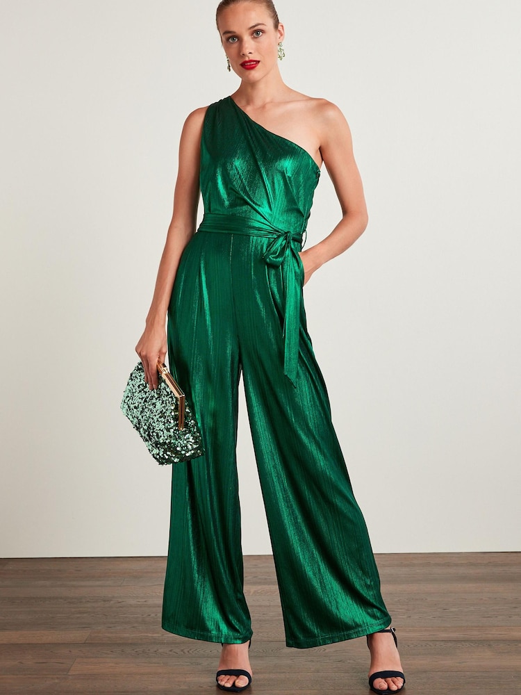 Green Next Tailored Metallic One Shoulder Jumpsuit - Image 1 of 5