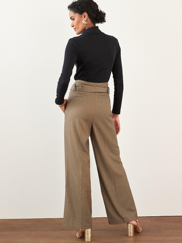 Brown Check Belted Wide Leg Tailored Trousers - Image 2 of 4