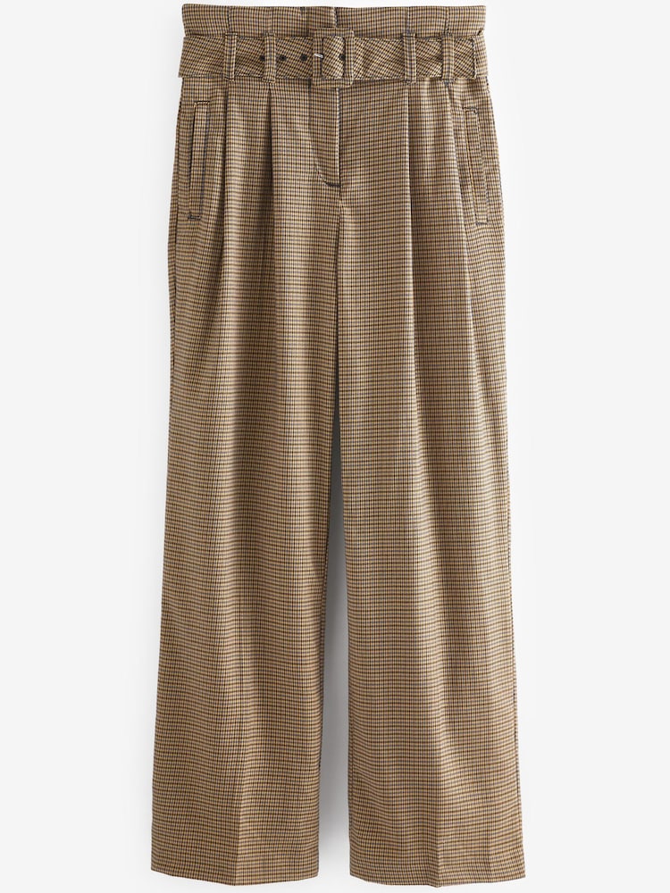 Brown Check Belted Wide Leg Tailored Trousers - Image 4 of 4