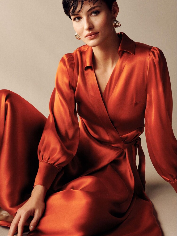 Copper Orange Satin Midi Shirt Dress - Image 1 of 5