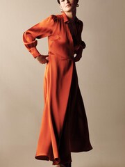 Copper Orange Satin Midi Shirt Dress - Image 2 of 5