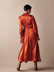 Copper Orange Satin Midi Shirt Dress - Image 3 of 5