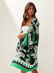 Imprimeuri cu model frunze Negru/Verde - Chimono lung - Imaginea 1 din 5