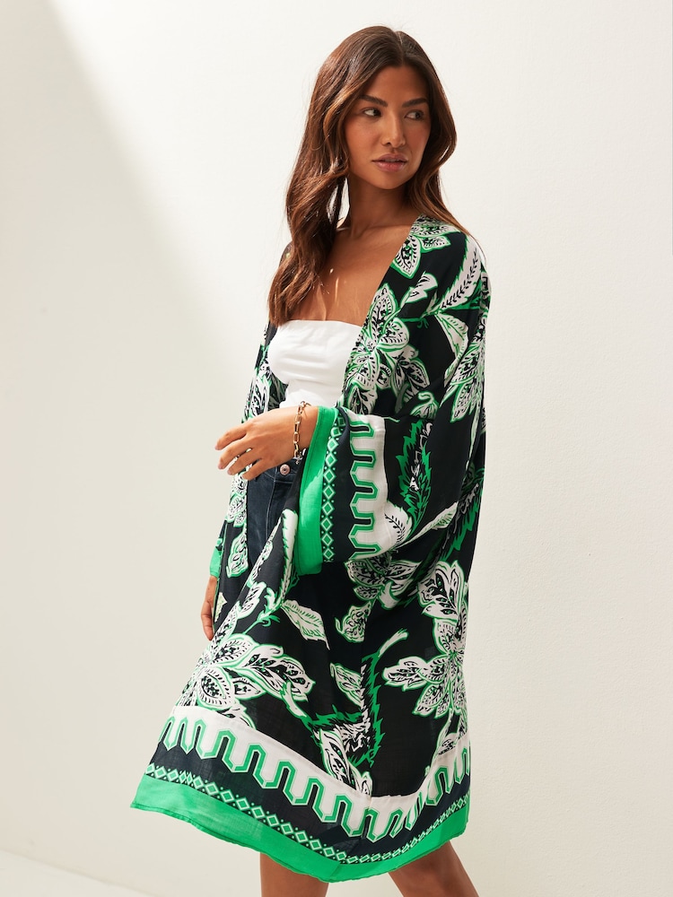 Imprimeuri cu model frunze Negru/Verde - Chimono lung - Imaginea 1 din 5