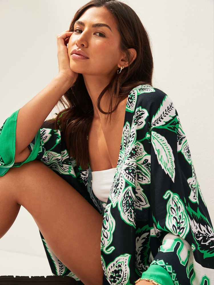 Black/Green Leaf Print Longline Kimono Cover-Up - Image 3 of 5