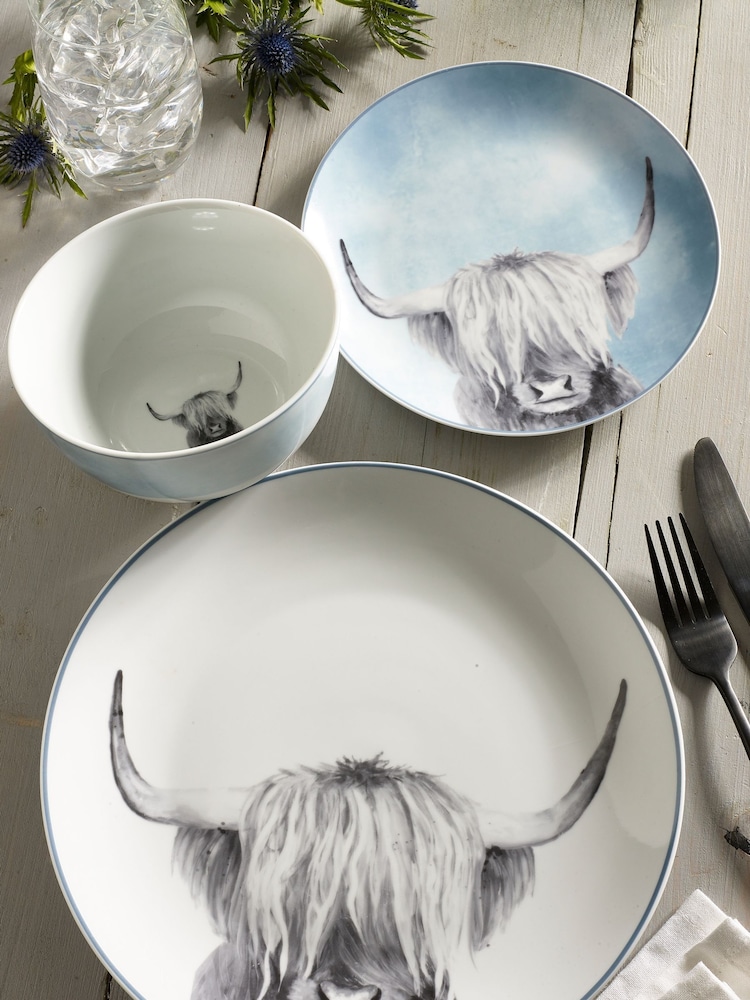 Teal Blue Hamish The Highland Cow 12 Piece Dinner Set - Image 1 of 4