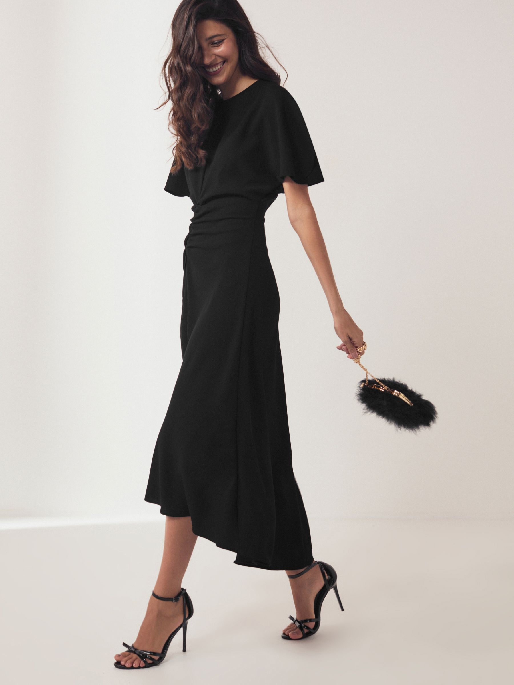 Next Black Short Sleeve Ruched Midi Dress