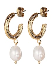 Oliver Bonas Gold Tone Thea Faux Pearl Drop Textured Hoop Earrings - Image 1 of 5