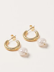 Oliver Bonas Gold Tone Thea Faux Pearl Drop Textured Hoop Earrings - Image 2 of 5