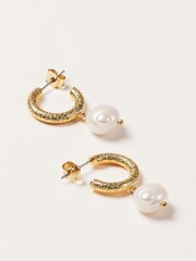 Oliver Bonas Gold Tone Thea Faux Pearl Drop Textured Hoop Earrings - Image 3 of 5