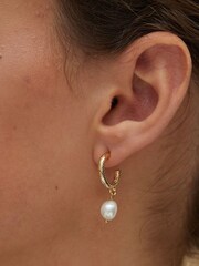 Oliver Bonas Gold Tone Thea Faux Pearl Drop Textured Hoop Earrings - Image 4 of 5