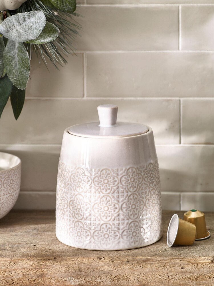 Natural Tile Embossed Ceramic Storage Jar - Image 1 of 3 Natural Tile Embossed Ceramic Storage Jar - Image 1 of 3