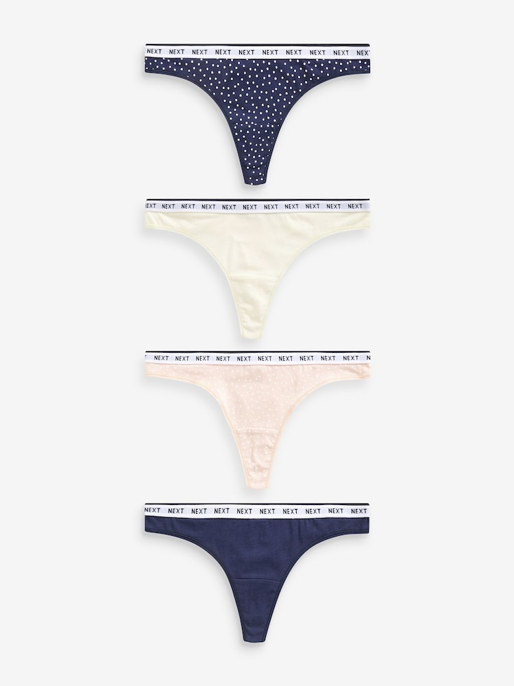 Navy/ Pink Spot Thong Cotton Rich Logo Knickers 4 Pack - Image 1 of 8