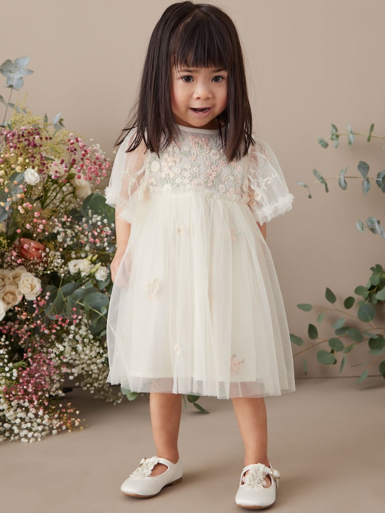 White Embroidered Mesh Party Dress (3mths-7yrs) - Image 2 of 8