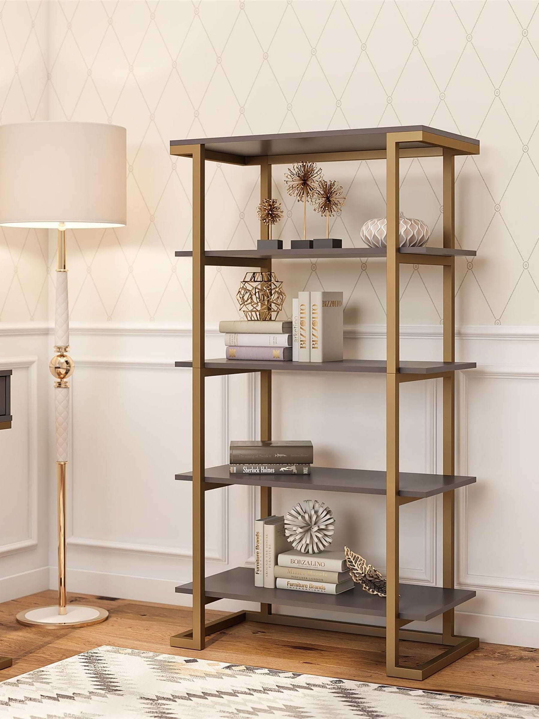 B&Q - Home Camila 5 Shelf Bookcase Graphite Grey / Golden - Image 4