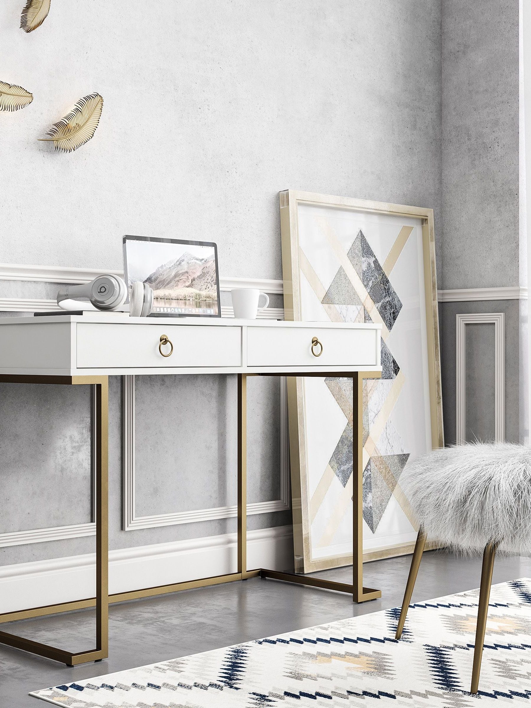 B&Q - Home Camila Writing Desk In White / Golden - Image 5