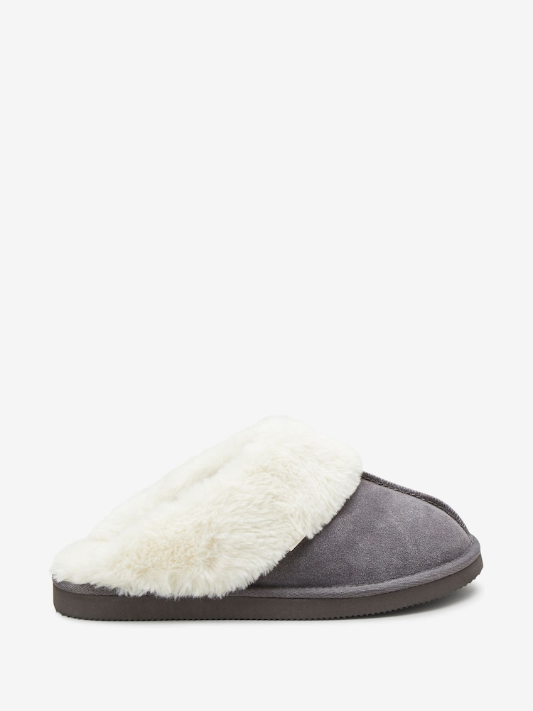 Grey Suede Faux Fur Lined Mule Slippers - Image 1 of 5