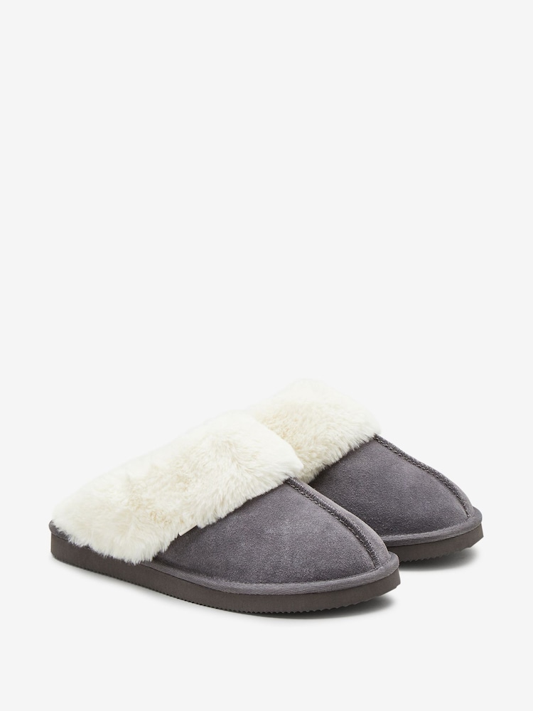 Grey Suede Faux Fur Lined Mule Slippers - Image 2 of 5