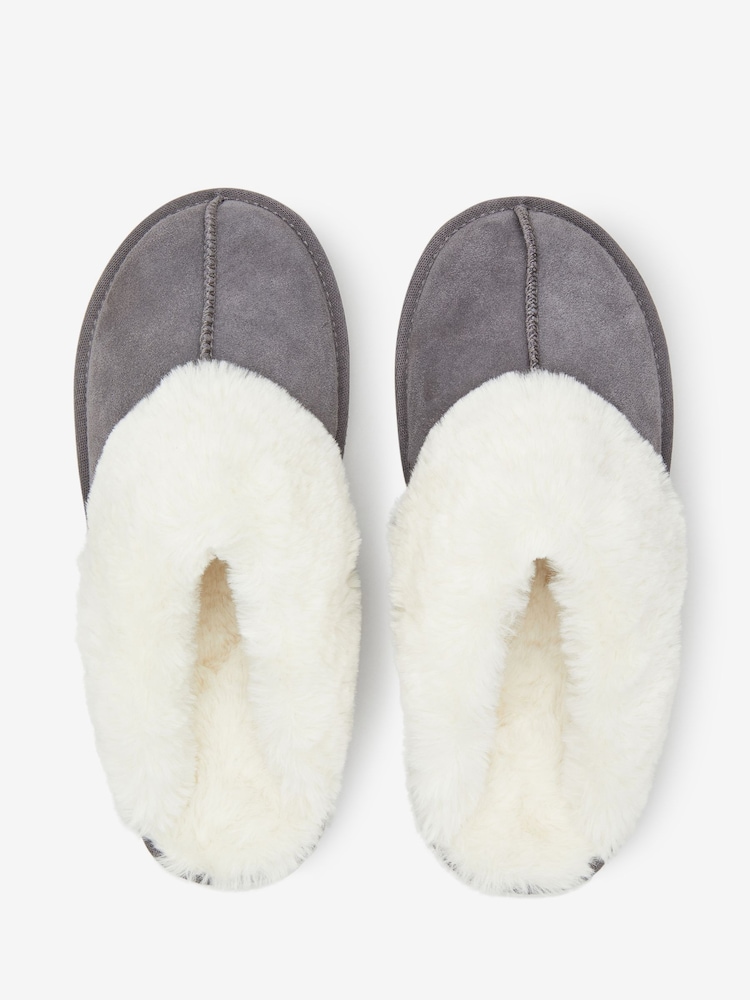 Grey Suede Faux Fur Lined Mule Slippers - Image 3 of 5