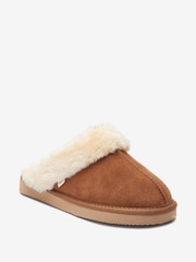 Chestnut Brown Suede Faux Fur Lined Mule Slippers - Image 1 of 3