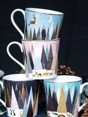 Sara Miller Set of 4 Blue Portmeirion Frosted Pines Christmas Mugs - Image 1 of 2