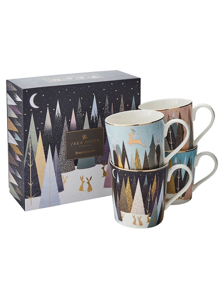 Sara Miller Set of 4 Blue Portmeirion Frosted Pines Christmas Mugs - Image 2 of 2