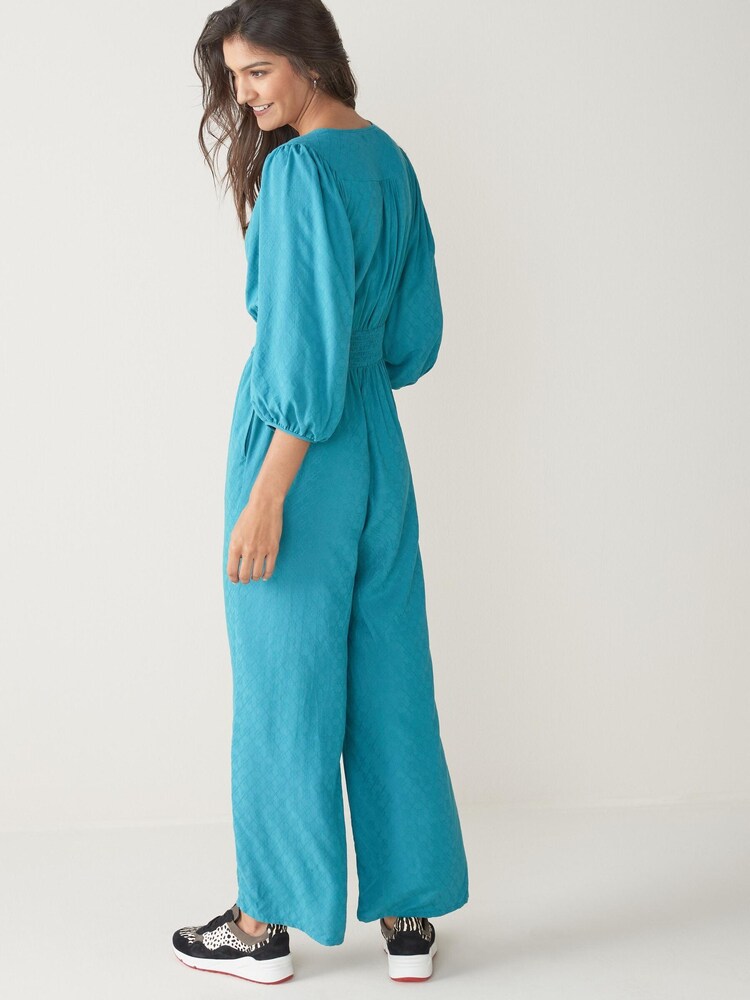 Teal Blue Shirred Waist Jumpsuit - Image 2 of 4