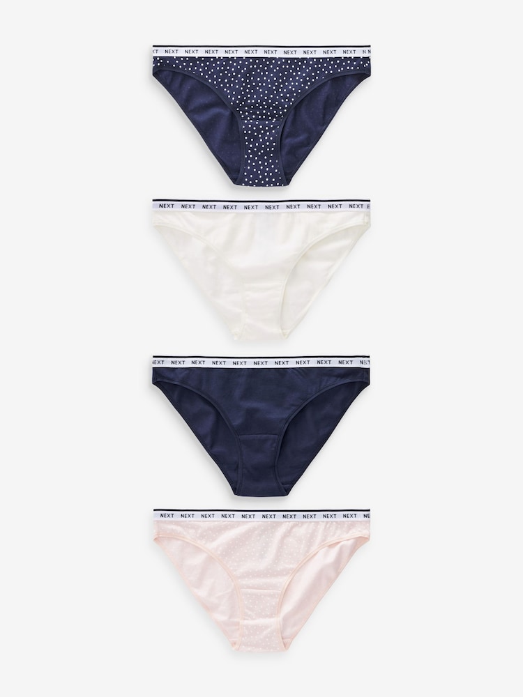 Navy/ Pink Spot High Leg Cotton Rich Logo Knickers 4 Pack - Image 1 of 8