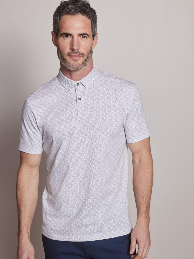 White/Grey Diamond Print Polo Shirt - Image 3 of 4