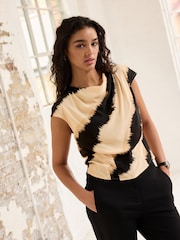 Black/Cream Blurred Stripe Cowl Neck Cap Sleeve Top - Image 1 of 6