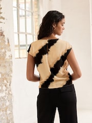 Black/Cream Blurred Stripe Cowl Neck Cap Sleeve Top - Image 2 of 6