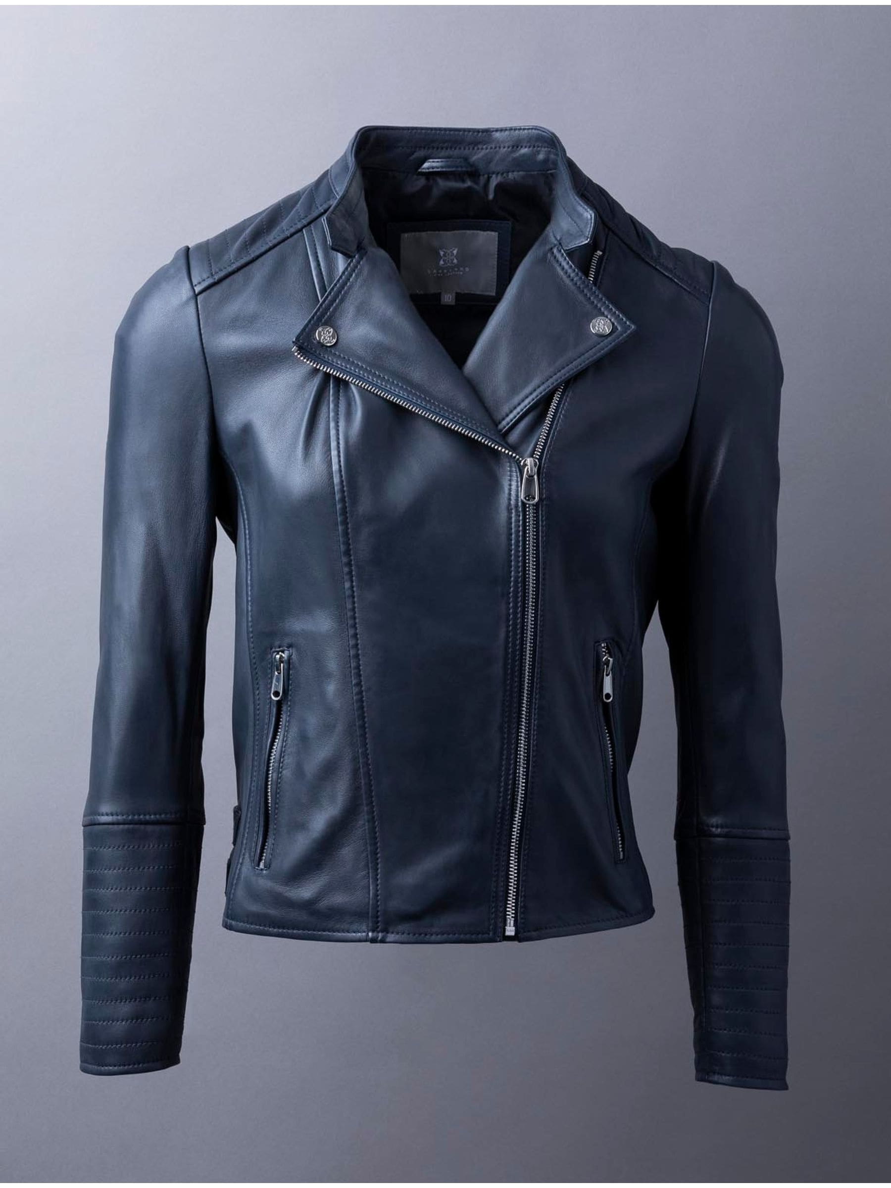 Navy leather biker jacket uk sales