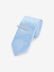 Light Blue Paisley Slim Pattern Tie And Tie Clip - Image 1 of 3