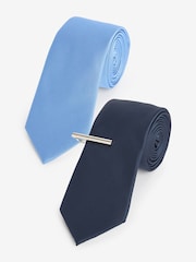 Navy Blue Twill Ties With Tie Clip 2 Pack - Image 1 of 7
