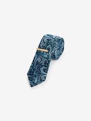 Navy Blue Paisley Slim Design Tie And Tie Clip - Image 1 of 3
