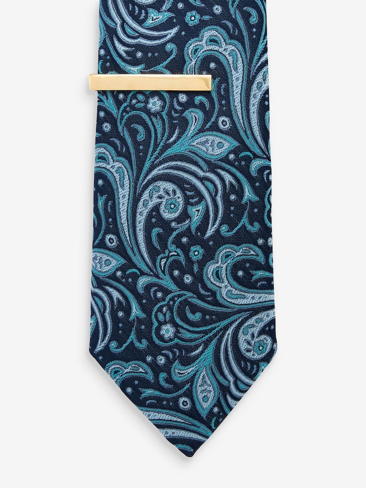 Navy Blue Paisley Slim Design Tie And Tie Clip - Image 2 of 3