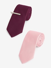 Burgundy Red Twill Ties With Tie Clip 2 Pack - Image 1 of 7