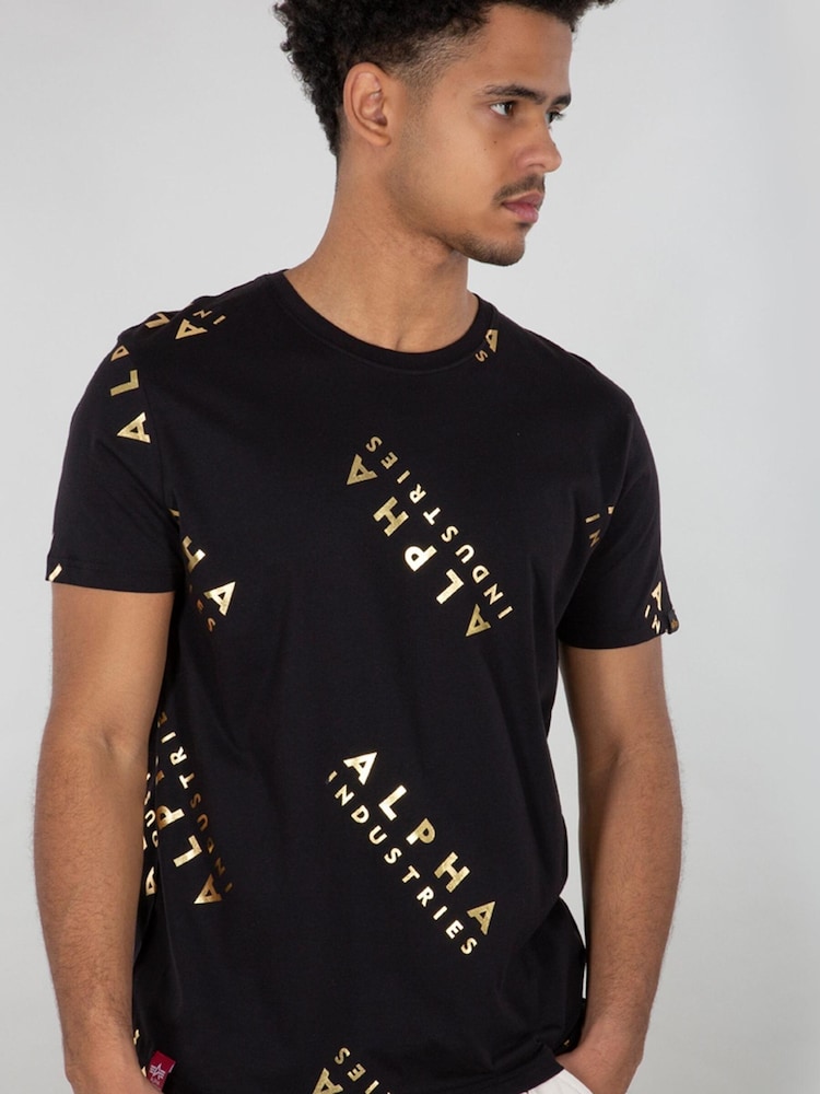 Alpha Industries Foil Print 100% Cotton Black T-Shirt - Image 1 of 7 Alpha Industries Foil Print 100% Cotton Black T-Shirt - Image 1 of 7