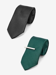 Black/Forest Green Twill Ties With Tie Clip 2 Pack - Image 1 of 5