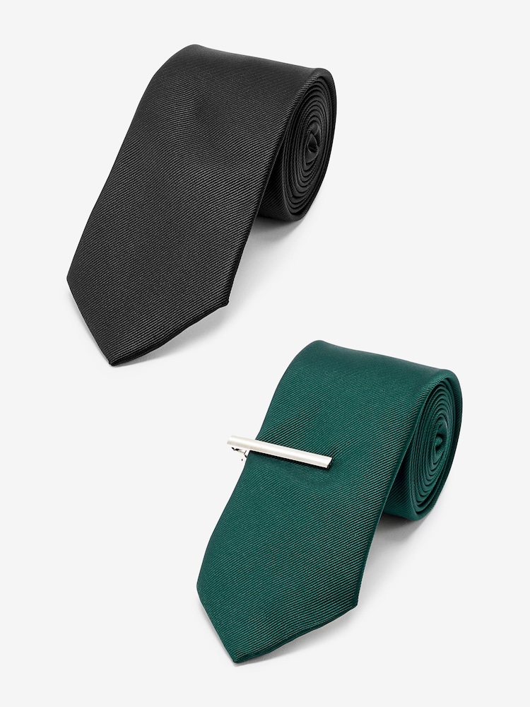 Black/Forest Green Twill Ties With Tie Clip 2 Pack - Image 1 of 5 Black/Forest Green Twill Ties With Tie Clip 2 Pack - Image 1 of 5