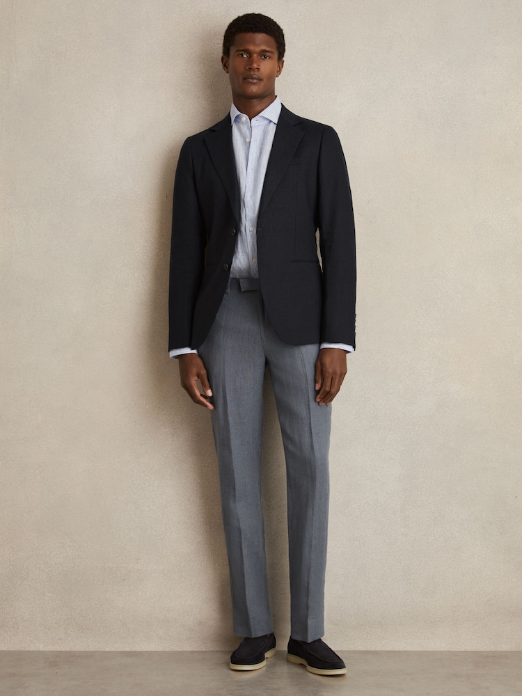 Reiss Airforce Blue Oe Gosnold Linen Slim-Fit Suit Trousers - Image 1 of 6
