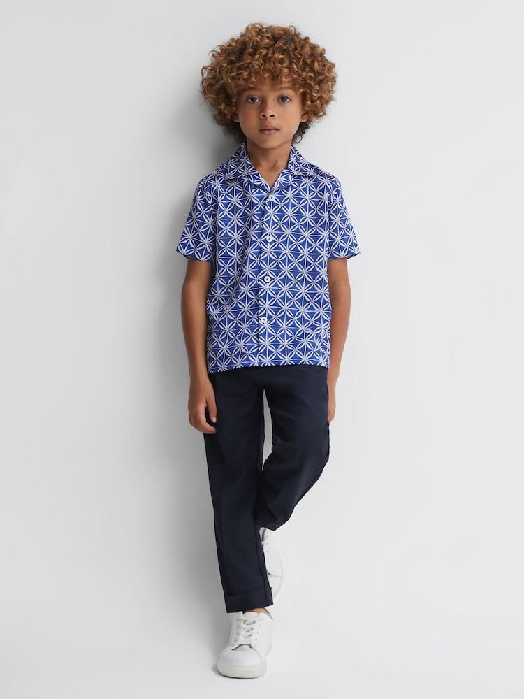 Reiss Bright Blue/White Tintipan Printed Cuban Collar Shirt - Image 1 of 6 Reiss Bright Blue/White Tintipan Printed Cuban Collar Shirt - Image 1 of 6