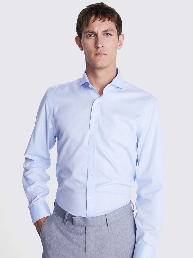 MOSS Sky Blue Tailored Fit Twill Zero Iron 100% Cotton Shirt - Image 1 of 5